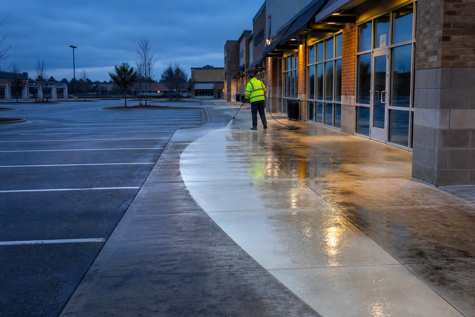 Technician cleaning a retail storefront sidewalk in early morning light, wet pavement reflecting the empty parking lot