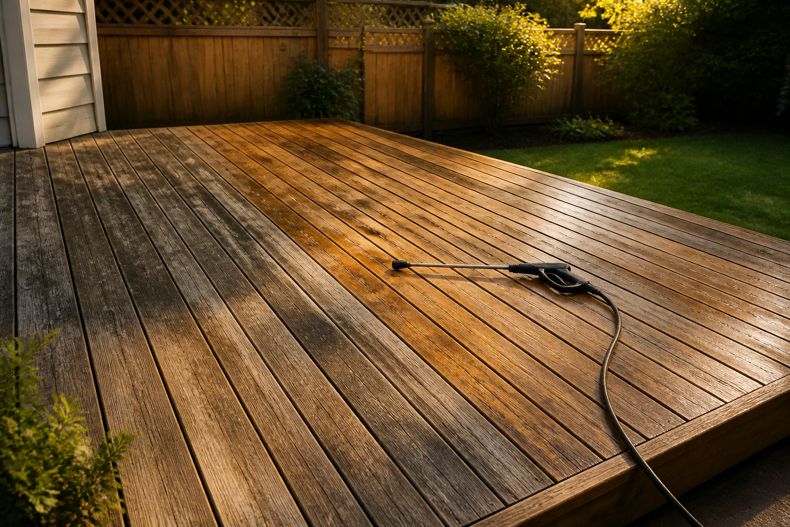 Cedar deck boards mid-restoration, restored golden boards beside untreated grey weathered boards