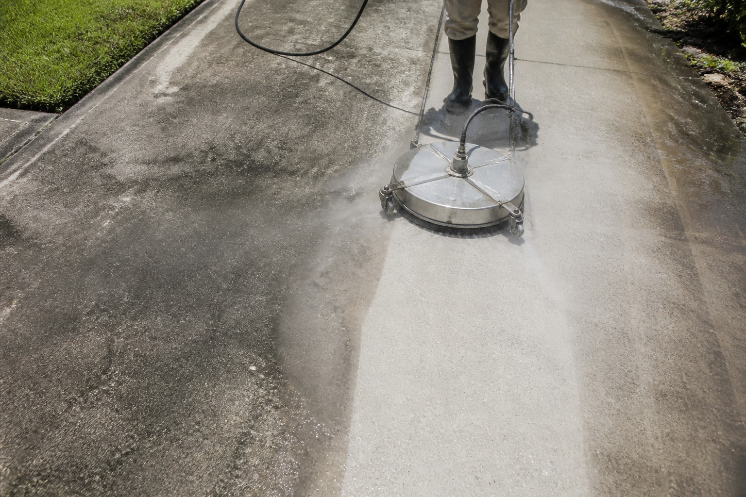 A surface cleaner attachment cutting a bright white stripe through a dirty grey concrete driveway