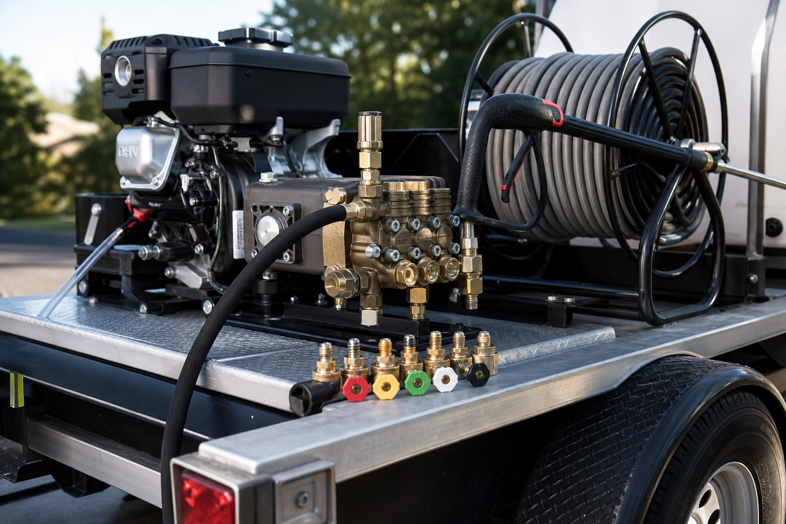 Professional pressure washing equipment rig with pump, hose reel and nozzles