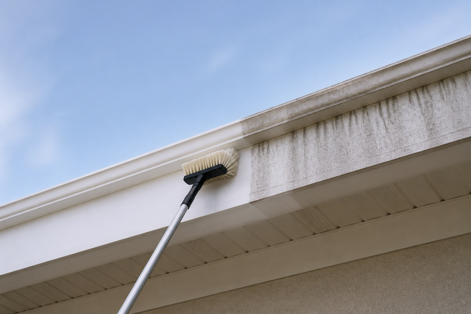 White aluminum gutter run half brightened to clean white, half still marked with dark vertical oxidation stripes