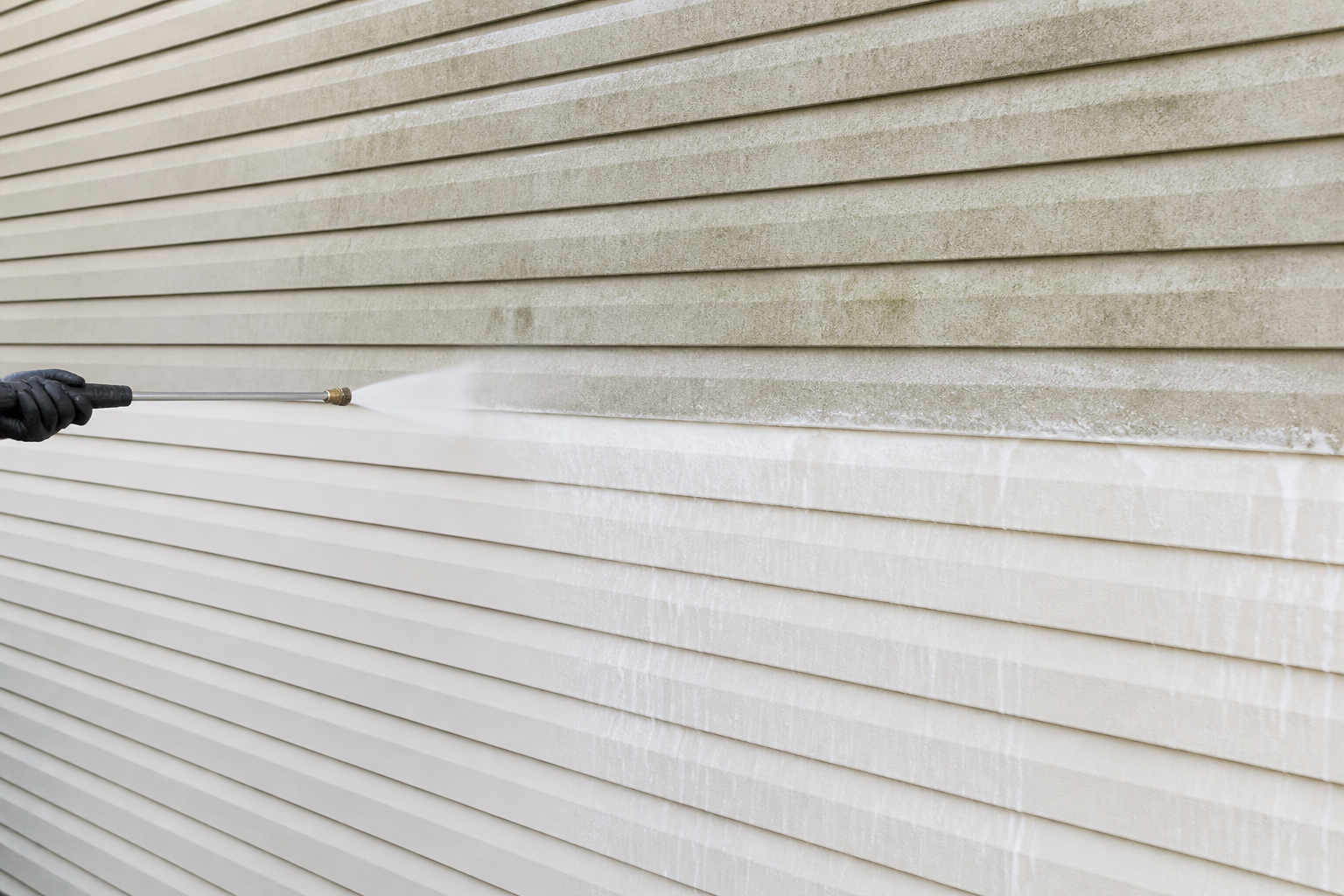 Vinyl house siding halfway through a soft wash, the cleaned lower half noticeably brighter than the dull upper half