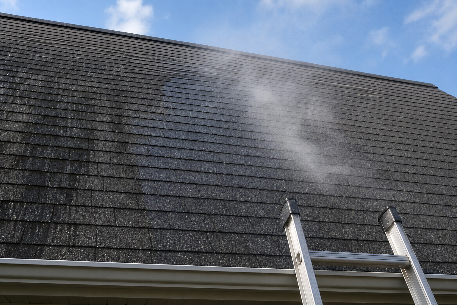 Asphalt shingle roof with dark algae streaks partially dissolved away during a low-pressure soft wash
