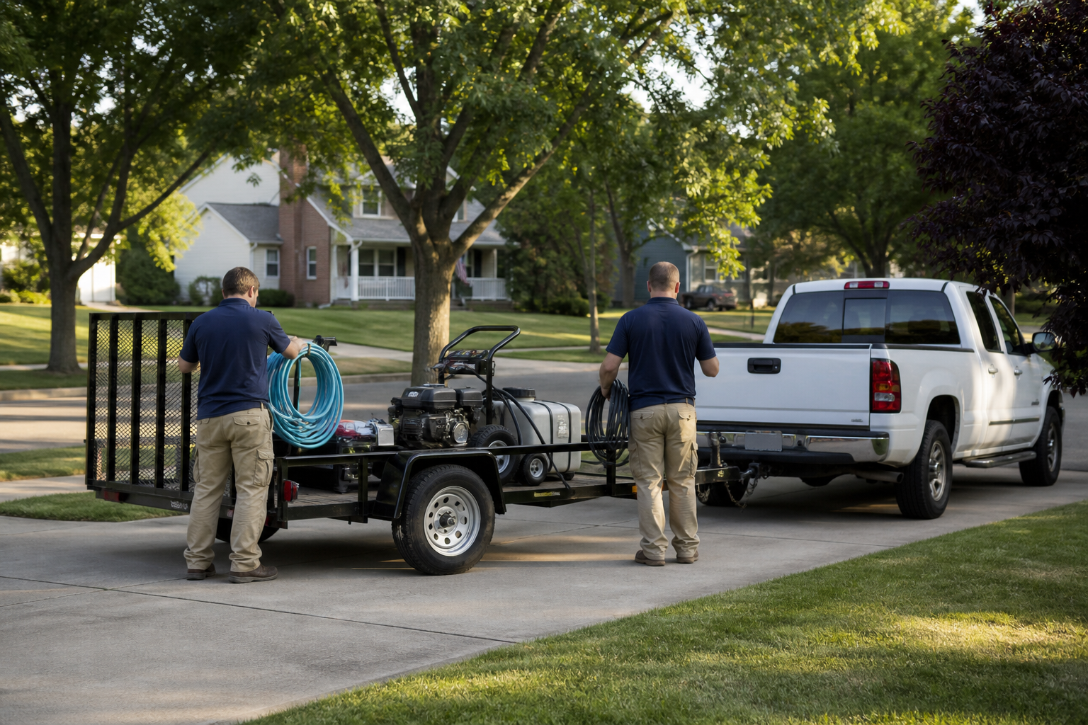 Two technicians loading pressure washing equipment onto a trailer in a residential driveway